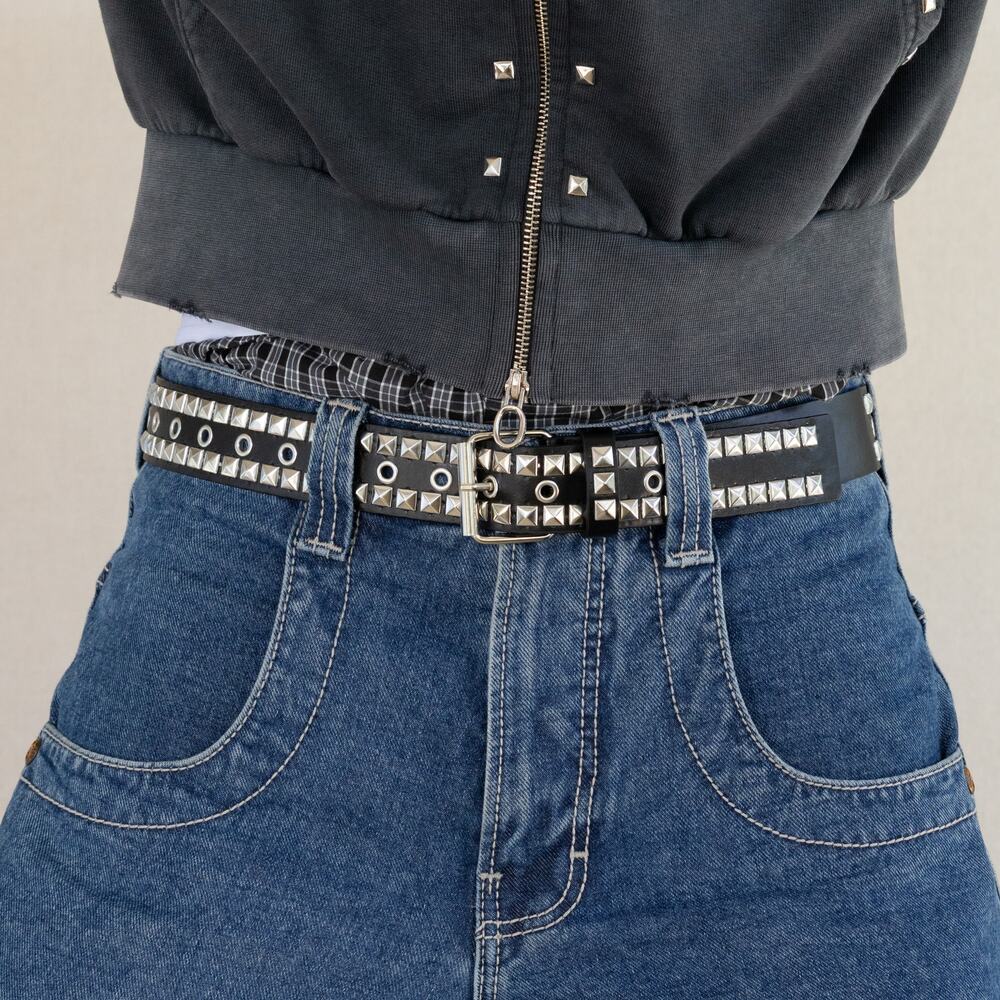 Y2K Black Silver Pyramid Studded Belt Goth Emo Unisex Skeleton Hand 44"